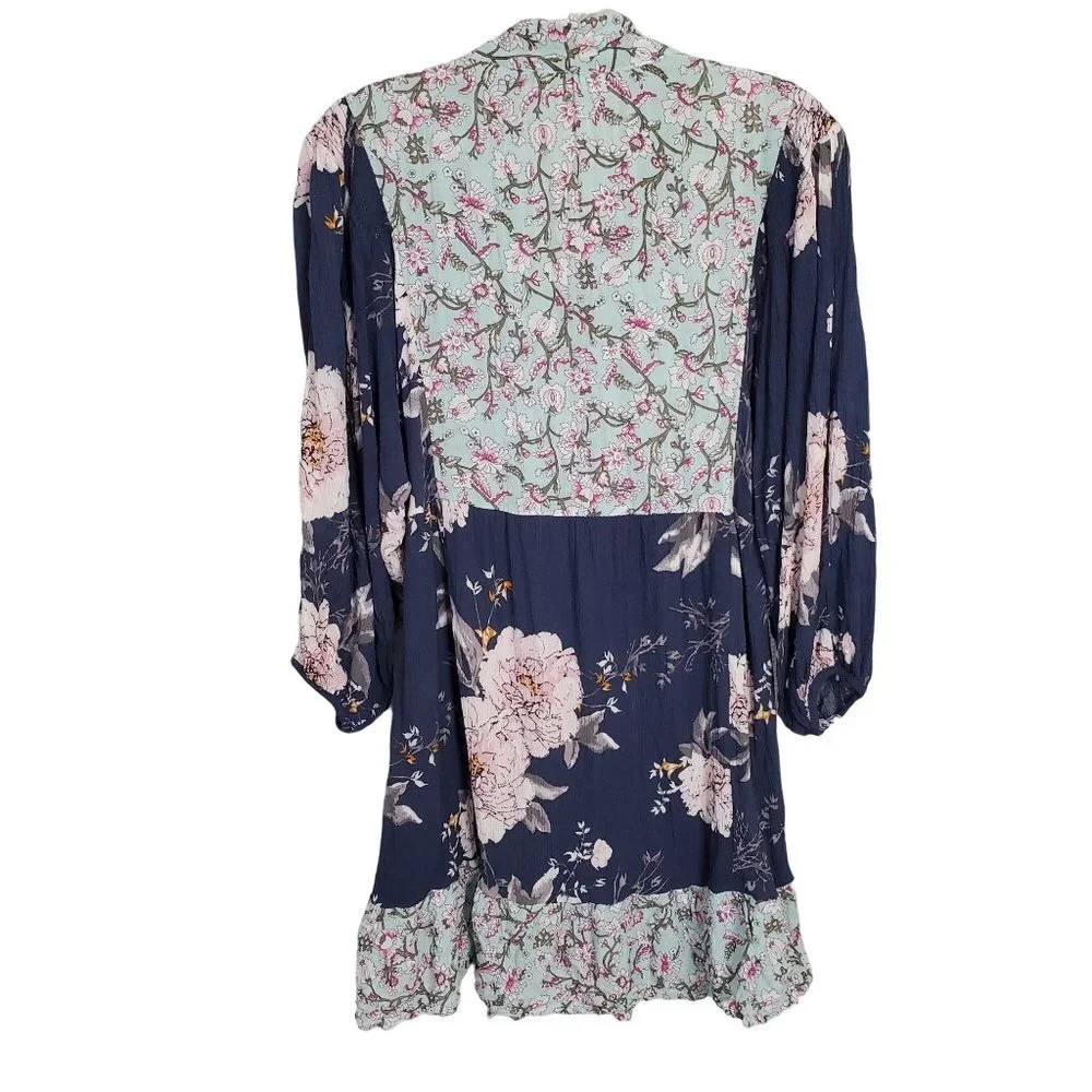 Umgee Size L Dress Blue CottageCore Floral Crinkle V-neck Ribbon Tie Puff Sleeve - Picture 3 of 9